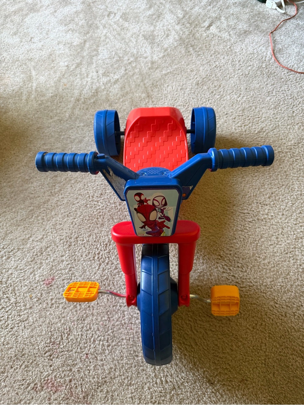 Red and Blue Kids Trike with Yellow Pedals - Spider Character Panel